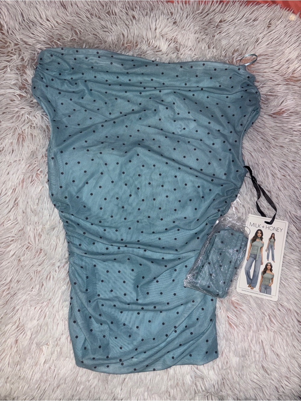 Blue Polka Dot Ruched Off the Shoulder